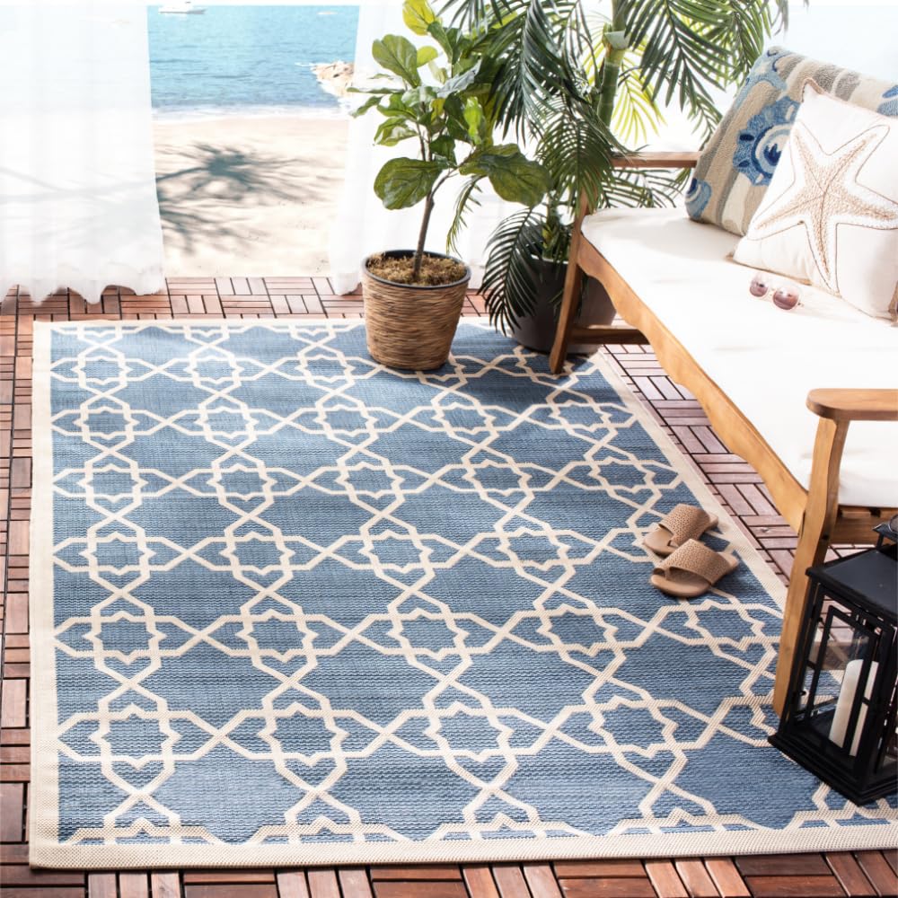 SAFAVIEH Washable Rug Outdoor Courtyard Collection - 6'7" x 9'6", Blue & Beige, Non-Shedding & Easy Cleaning, Ideal for Patio, Backyard, Mudroom (