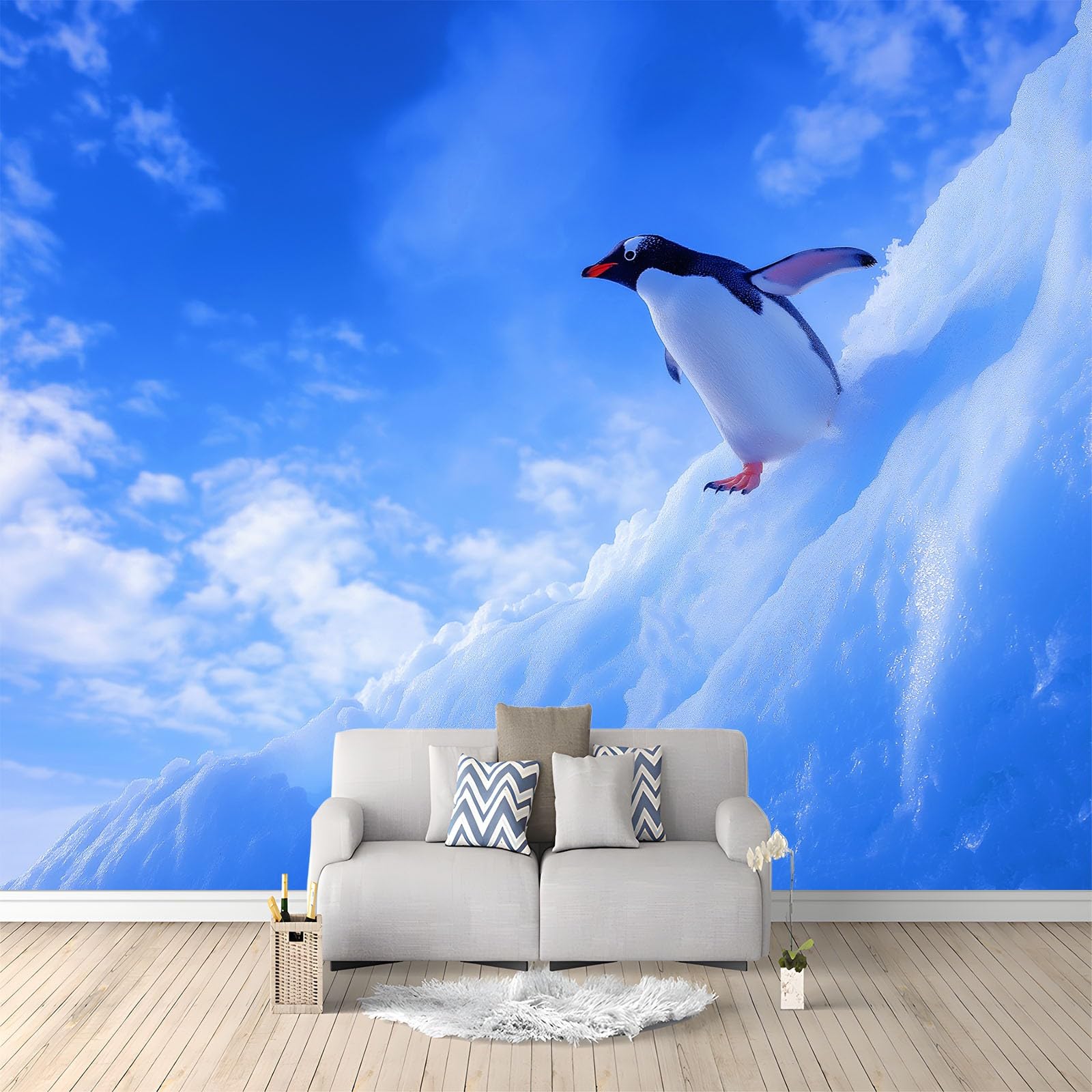 Fototapeta z efektem 3D, naturalne krajobrazy, zwierzęta, pingwiny, niebieska, tapeta 200 x 140 cm, tapeta z włókniny, nowoczesna tapeta ścienna, salon, sypialnia, pokój dziecięcy, dekoracja ścienna
