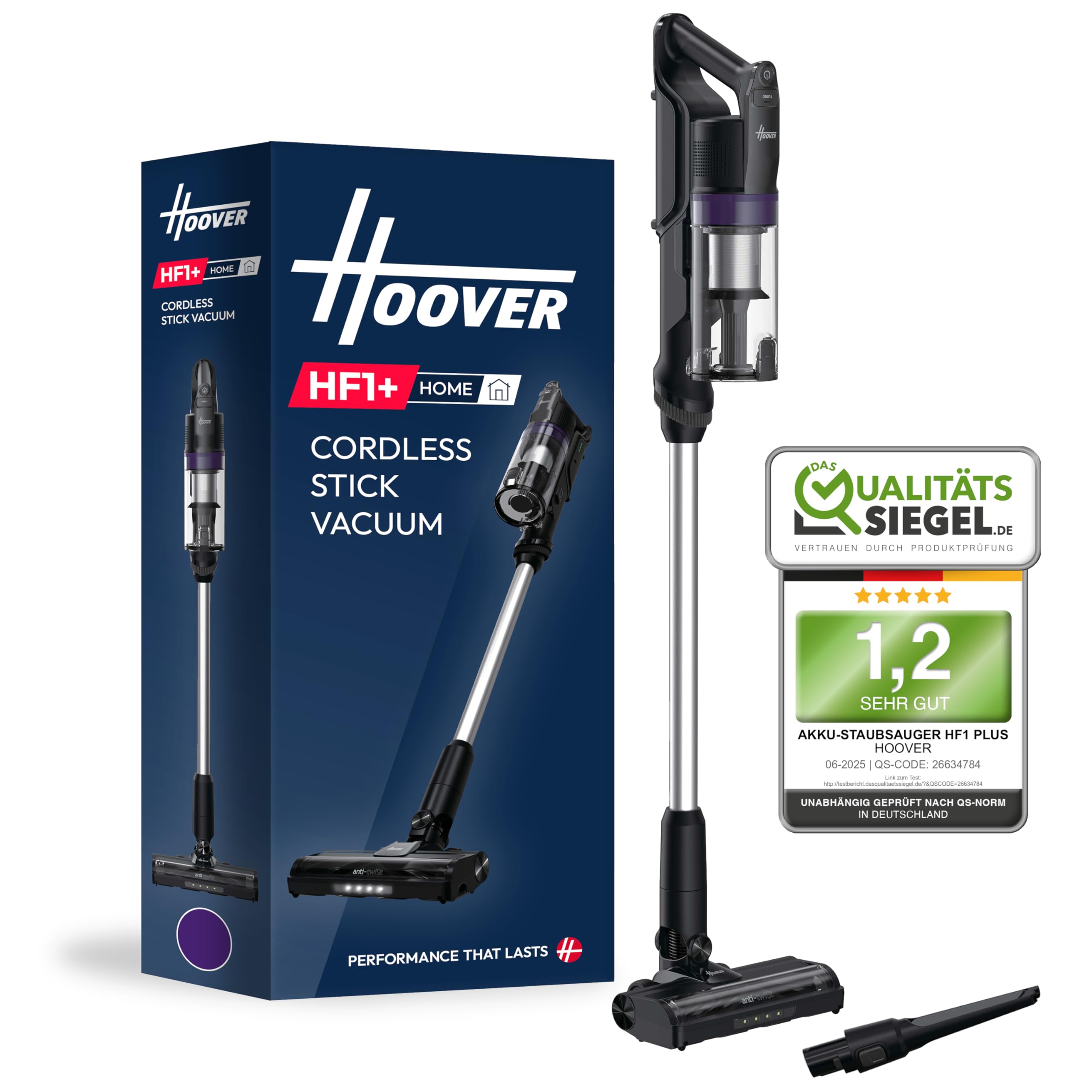 Hoover HF1 Plus Akku-Staubsauger mit Anti-Haarverwicklung, Parkfunktion & LED-Licht, Staubsauger kabellos mit HEPA 6-Filter, ideal für Allergiker, 45min Laufzeit auf Teppich & Hartböden