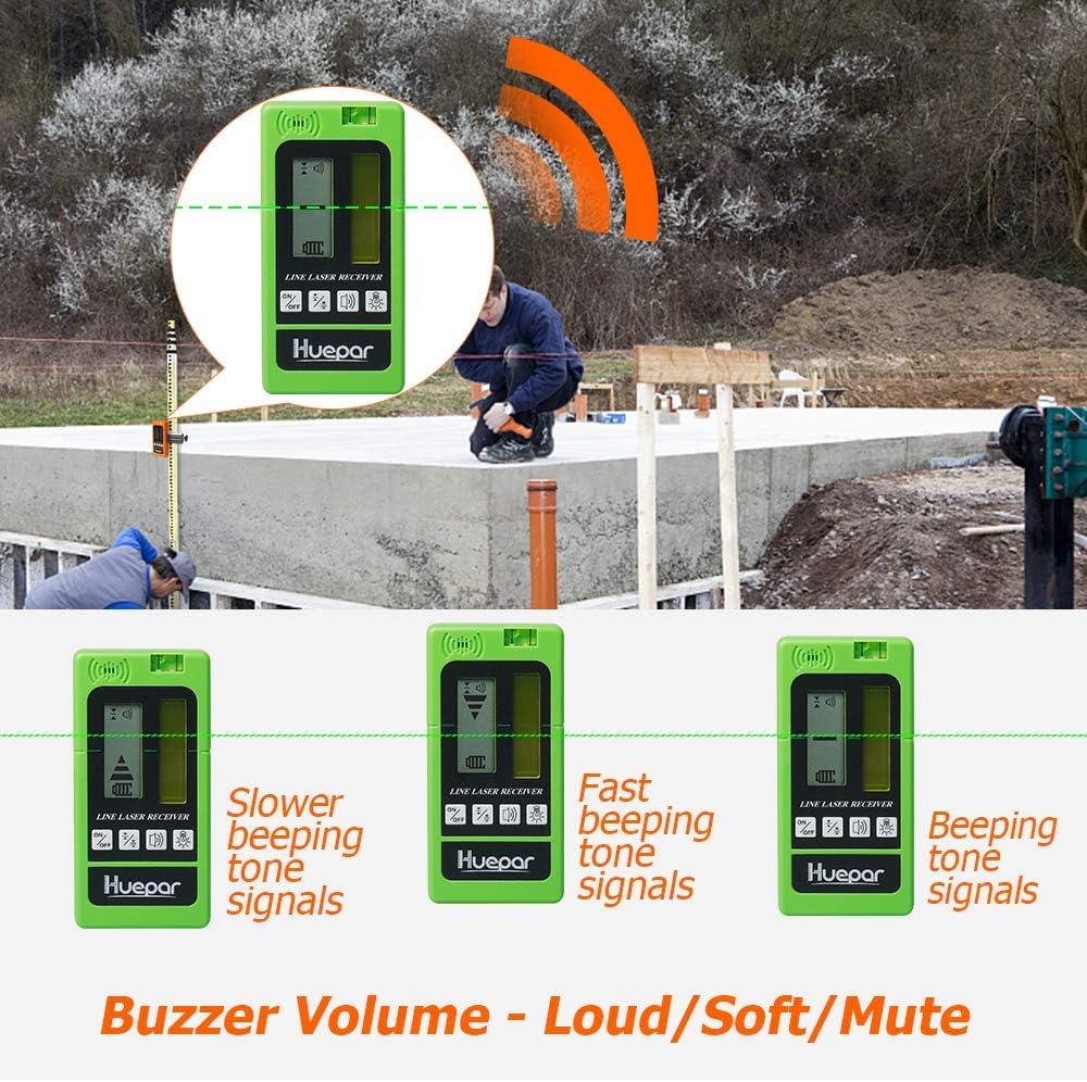 Huepar LR510 Laser Detector - Green Beam Receiver for Use with Pulsing Line Lasers, Two-Sided Back-lit LCD Displays, Automatic Shut-off Timer, Clamp Included