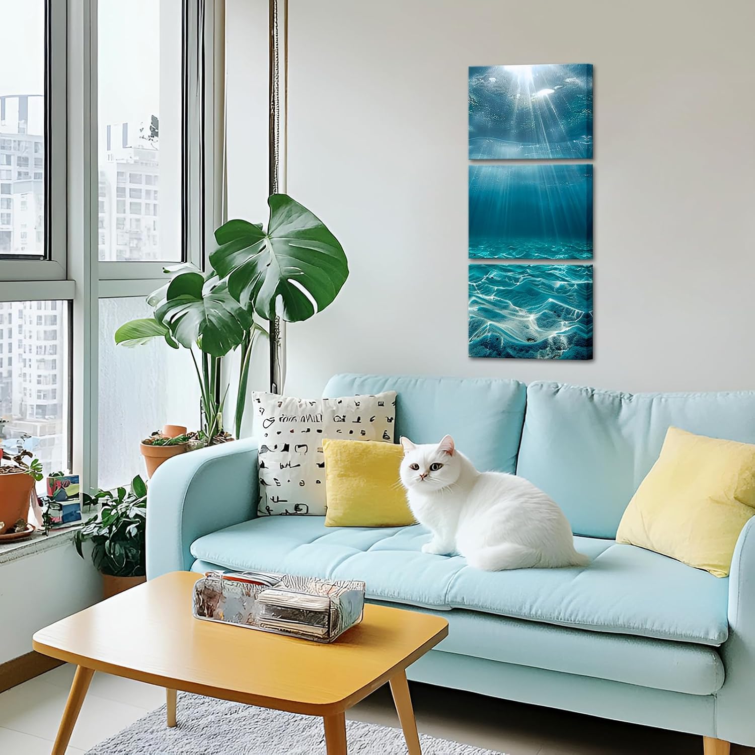 VANSEEING 3 Pieces Ocean Wall Art Blue Sea Underwater Pictures Landscape Teal Coastal Wall Decor for Bathroom Bedroom Living Room 12"x16"x3