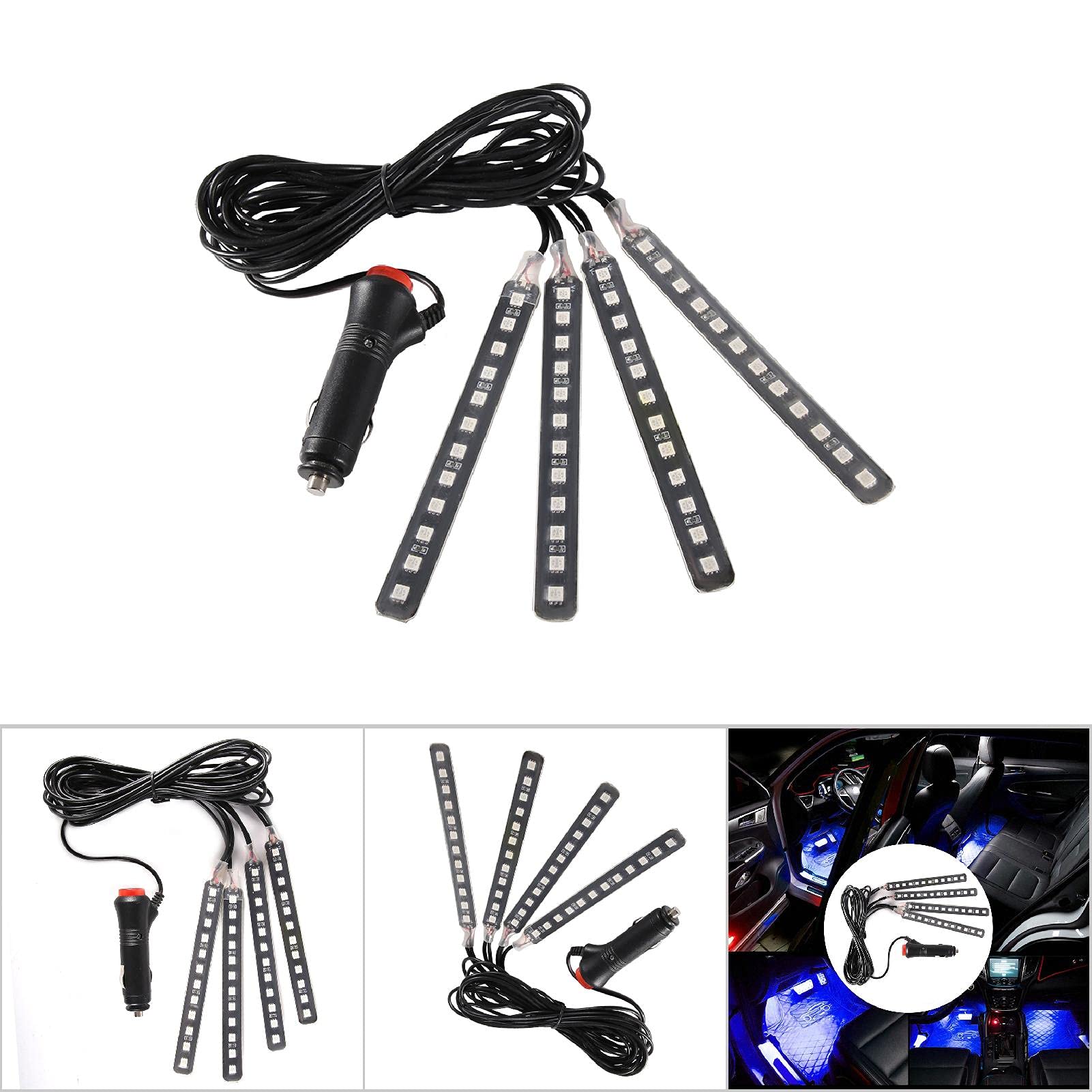 Strisce LED RGB Per Interni Auto – 4 Pezzi 12SMD Blu Ghiaccio Con Telecomando – Impermeabili, DC 12V
