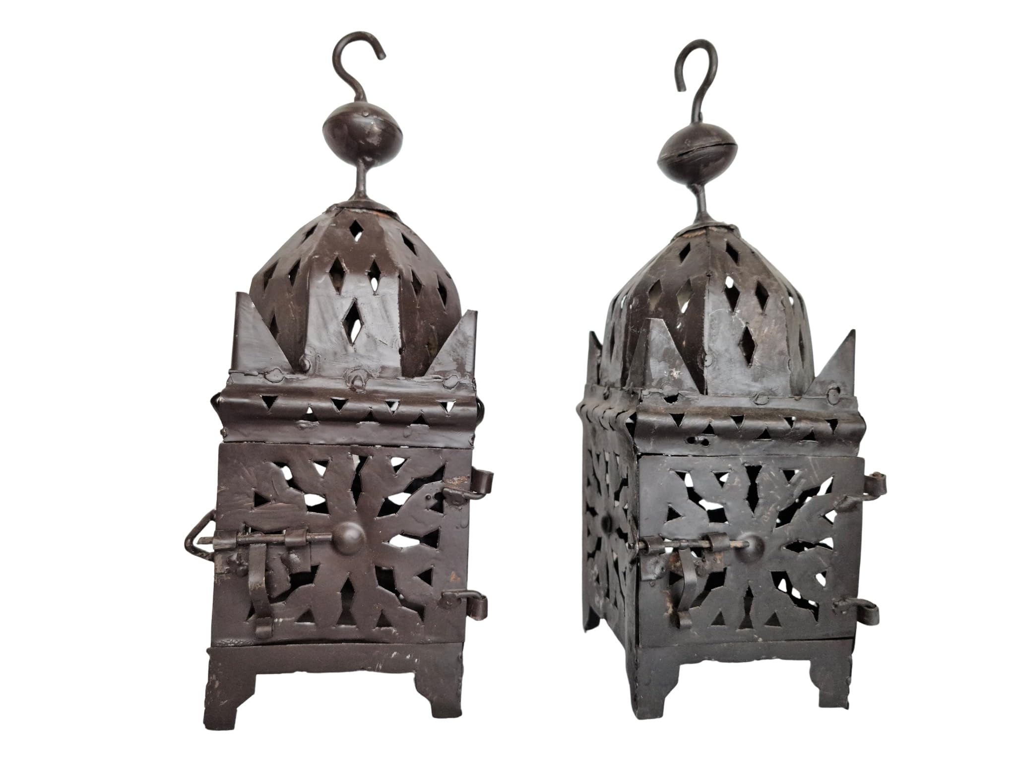 Farol Oriental de Hierro Forjado Hecho a Mano en Marruecos, Portavelas Árabe, 27 cm (Pack de 2 Unidades)