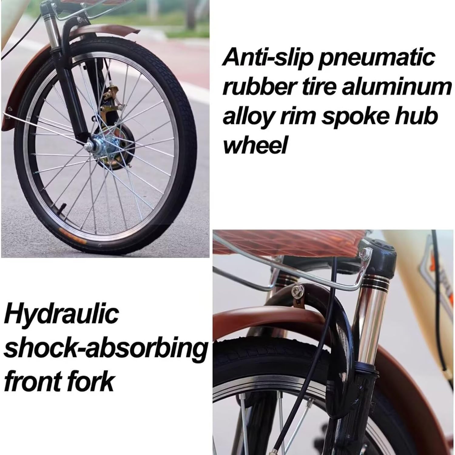 Folding tricycles with Aluminum Alloy Buckle,Tandem Tricycle with Back seat,Elderly Cruiser Trike,Shock Absorb Front Fork,Double Chain Drive,Dual Brakes,3 Wheels Bicycle, beige-20inch