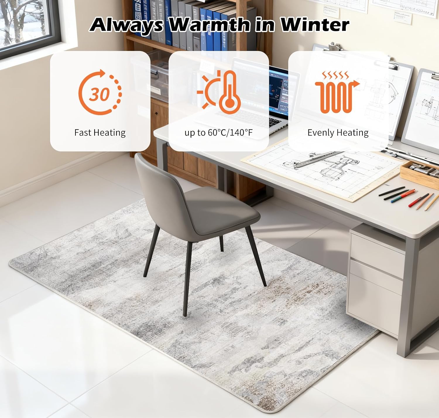 Electric Heated Rug 35x55 inches Soft Plush Heating Carpet Heater Floor Mat with Timer Fast Warm Up for Office, Sofa, Study Room, Playroom, TV Game Room,120V 450W 3x4.6Ft MoYan