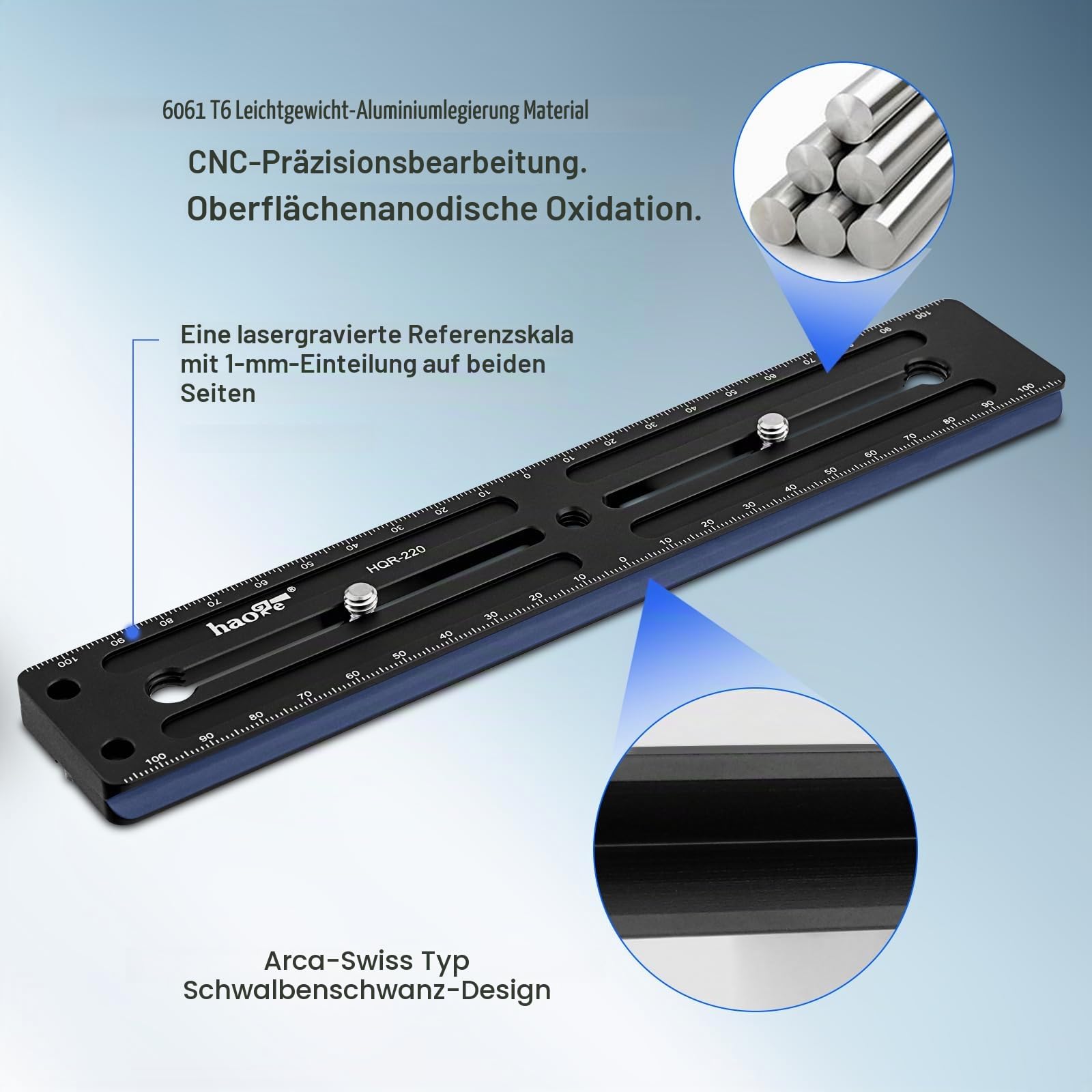 Haoge HQR-220 220 mm Mehrzweck-Schnellwechselplatte, Verlängerung, Gleitschiene für Kamerastativ, Kugelkopf-Kugelkopf-Klemme, passend für Arca Swiss