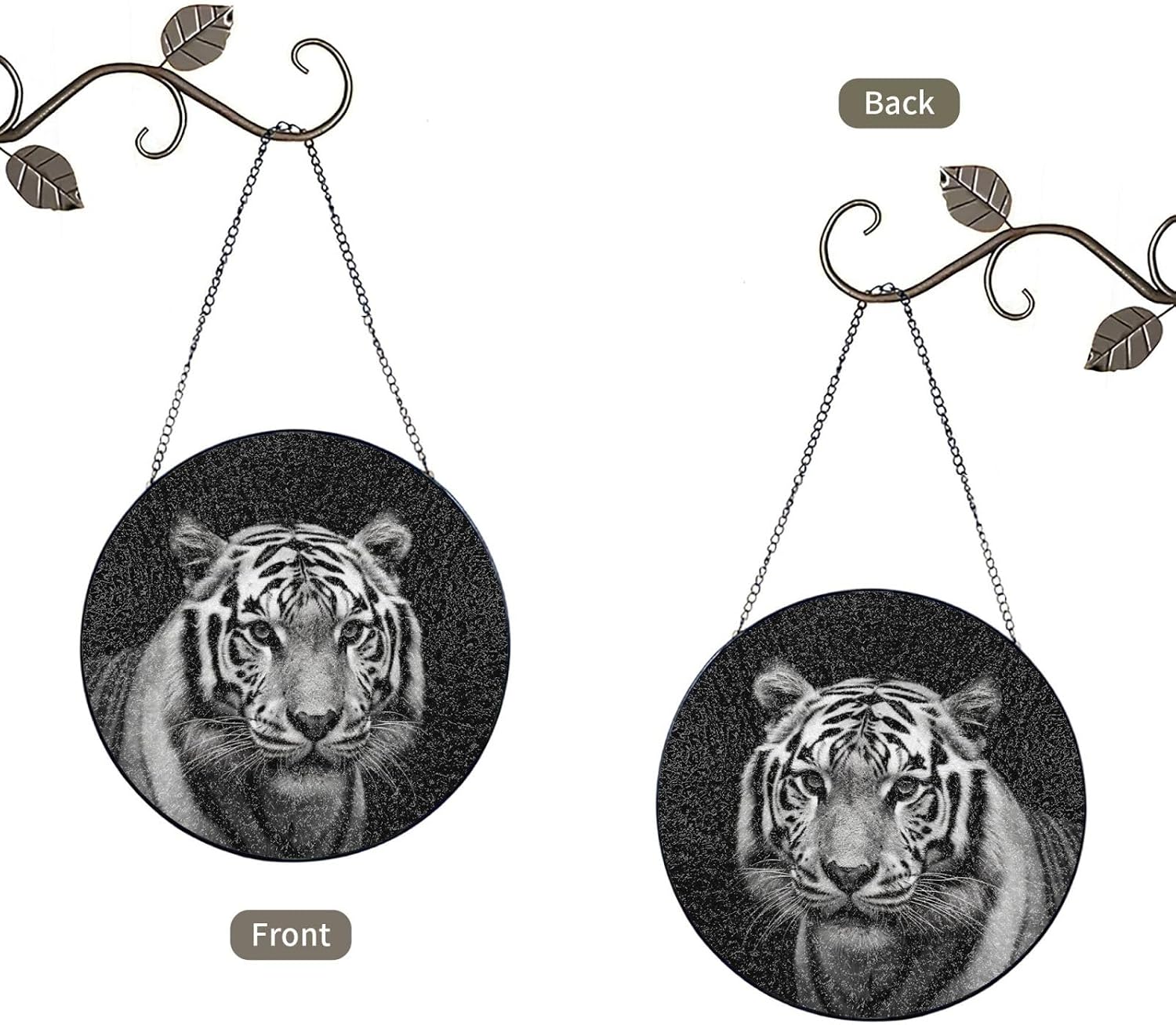 Stained Glass Window Hanging 6in（15cm）, Black and White Tiger Glass Suncatcher for Home Decor, Indoor Wall Art Glass Panel with Metal Chain and Hooks, Sun Catcher Ornament Birthday Gifts