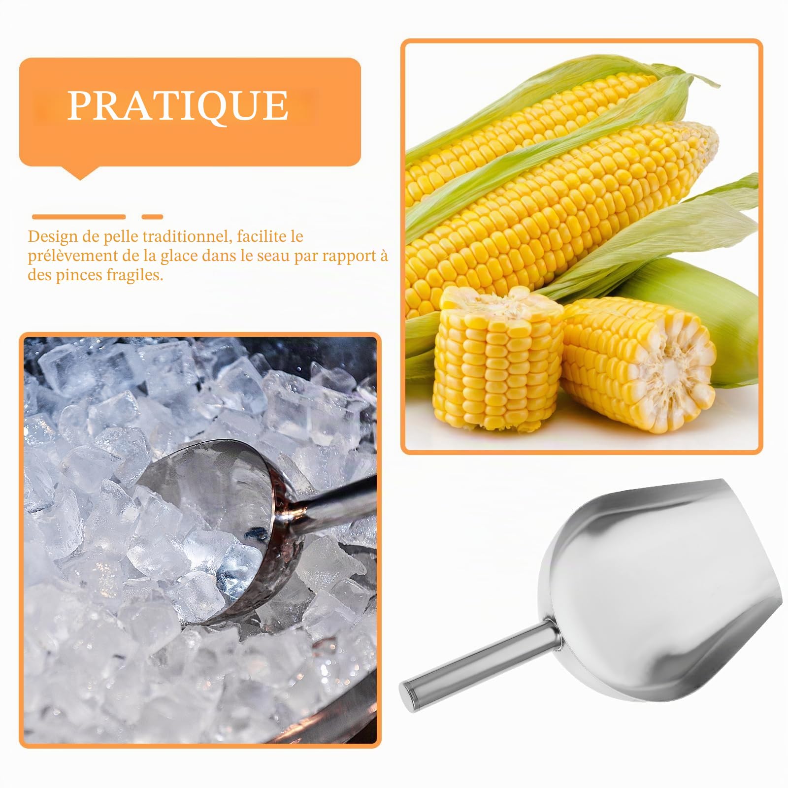 DOITOOL Grande pelle à glace en acier inoxydable 16" - Doublure en métal Scoop - Fond rond - Pelle à sucre - Pelle à glaçons - Pelle à farine - Pour fête de cuisine