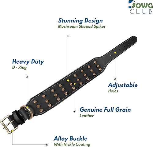 Miniatura 4 de Collar de perro de cuero con pinchos, cuero bridle de grano completo de 2 pulgadas de ancho, resistente, acolchado y ajustable, para razas grandes y