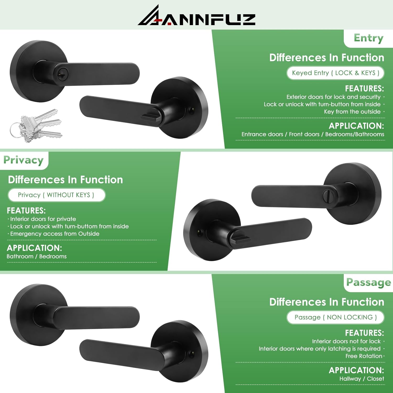 Entry Door Handle with Lock and Keys, Secure Keyed Round Lever Exterior and Interior,Reversible for Left Right Sided Door,Heavy Duty for Front Entrance Door and Bedroom,Bathroom(Matte Black)