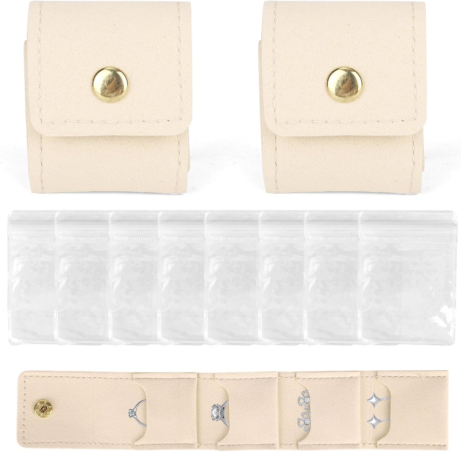 2pcs Mini Travel Jewelry Roll Bags, Foldable Organizer Case with Snap Button & 8 PVC Jewelry Storage Holder Pouches for Earrings Rings & Necklaces