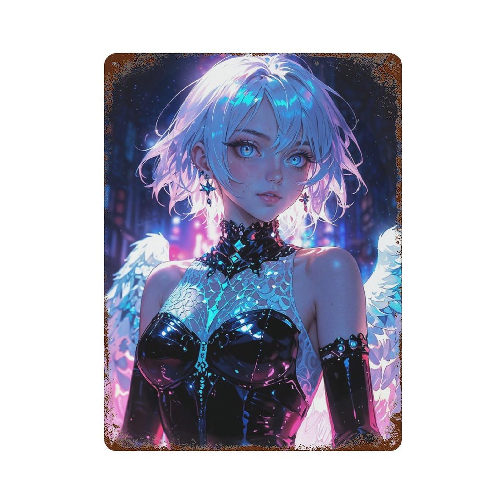 Garage Style Celestial Neon Angel in Futuristic Nightscape Rustic Tin Plaque 15.7"x11.8", Vintage Wall Decor for Bar And Workshop