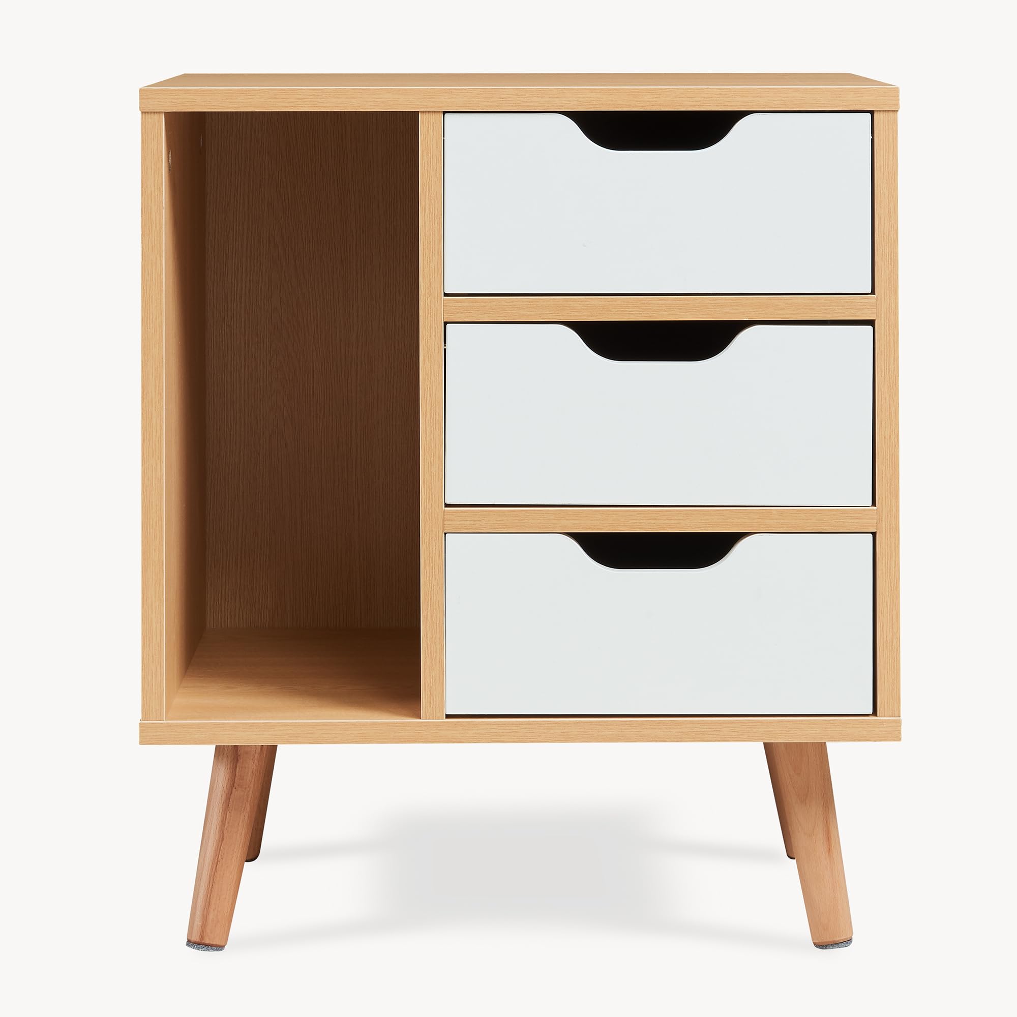 [en.casa] Comodino a 3 Cassetti e Scomparto Aperto Tavolino Basso Laterale Mobiletto Contenitore per Camera da Letto Soggiorno Ingresso 55 x 48 x 30 cm - Effetto Rovere/Bianco