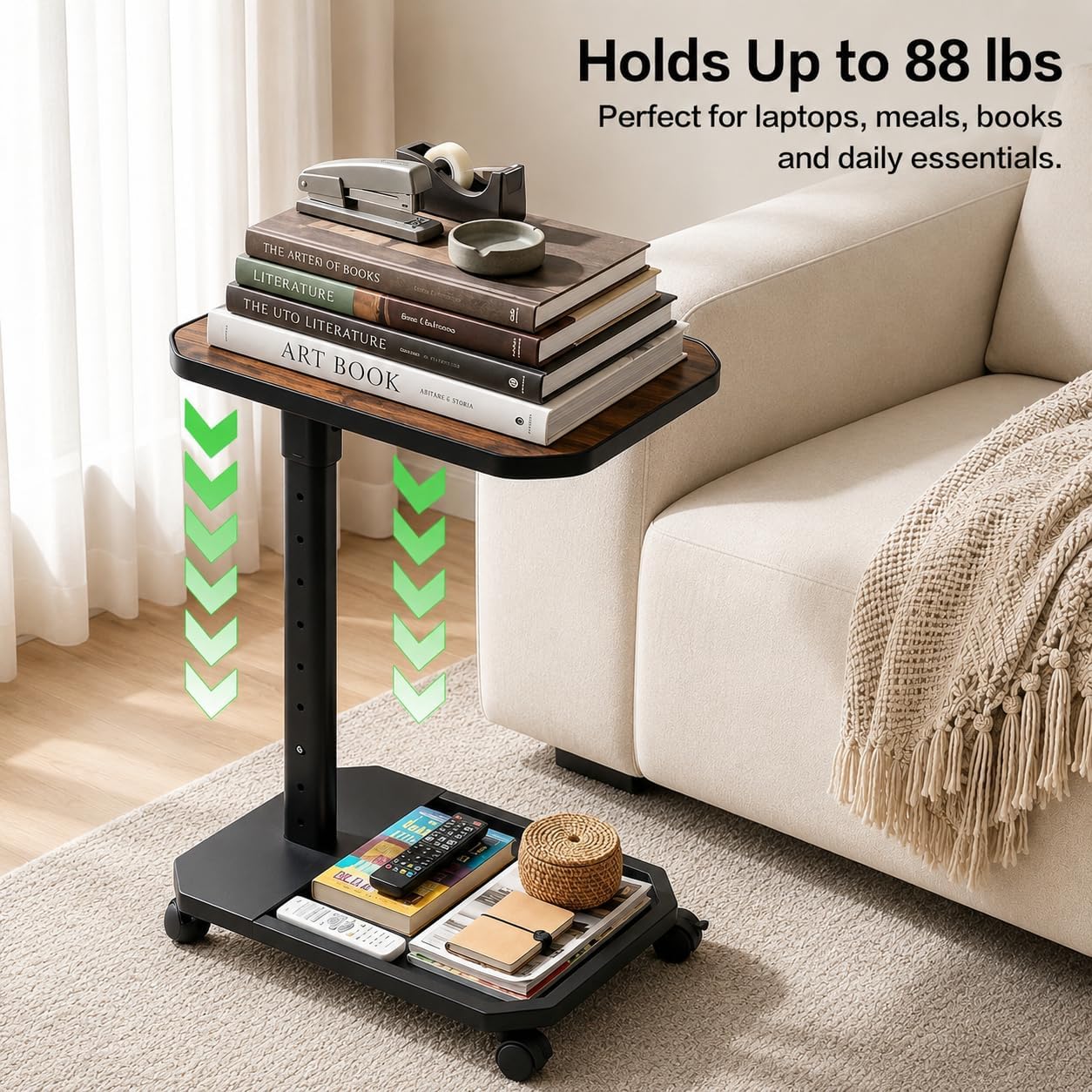 TV Tray Table, Adjustable Height C Shaped Side Table | Storage Base & Wheels, Flip Top, Rubber Edge, For Laptop, Eating, Sofa, Bedside, Small Spaces