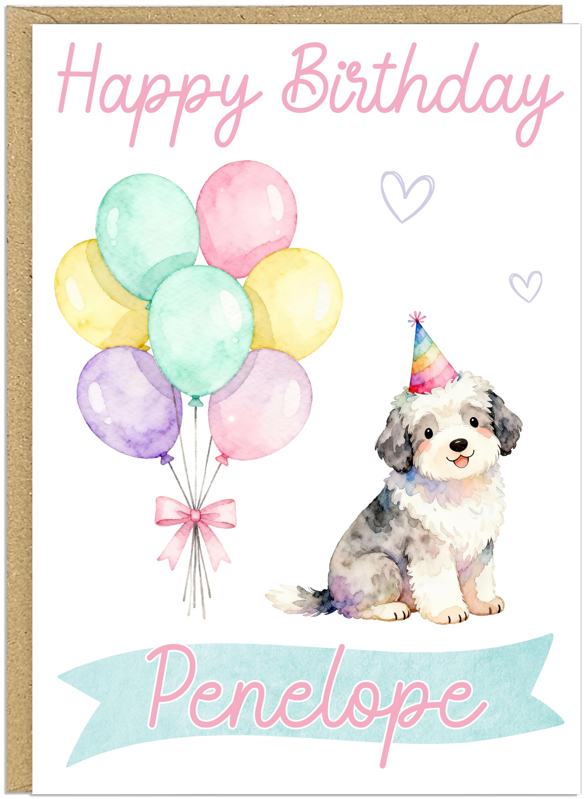 Personalised Happy Birthday Dog Breed Card - Custom Add Own Name Cute Puppy Dog Breed Design - Fun Pastel Puppy Birthday Greeting Cards for Girls Kids Teens Granddaughter (Sheepdog)