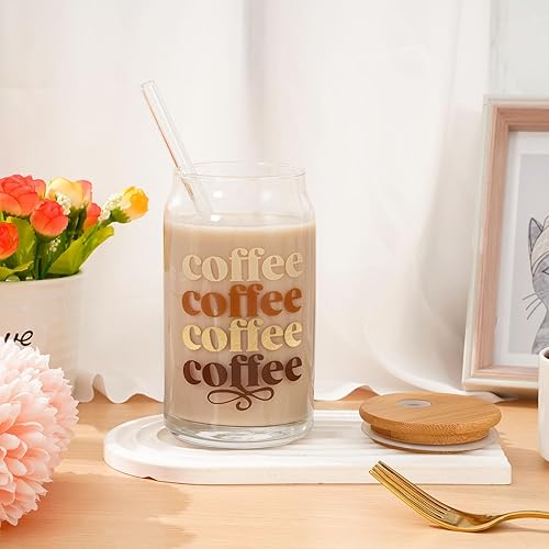 Miniatura 6 de Whaline Paquete de 4 vasos bohemios de 16 onzas con estampado de vaca, margaritas y flores a cuadros, con tapas de bambú, cepillos de limpieza para