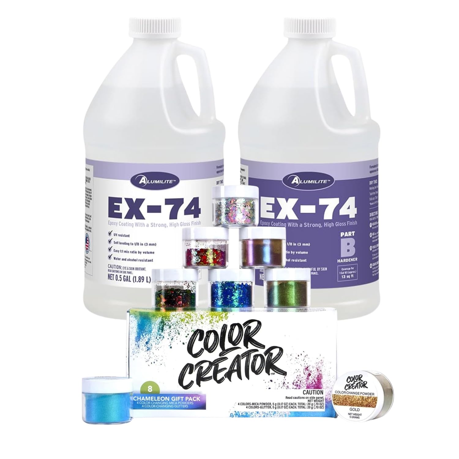 Alumilite EX-74 Epoxy Resin Kit 1 Gallon with Color Creator Chameleon Gift Pack – Crystal Clear High-Gloss Coating for Countertops & Tabletops with Color-Shifting Pigments for Resin Art