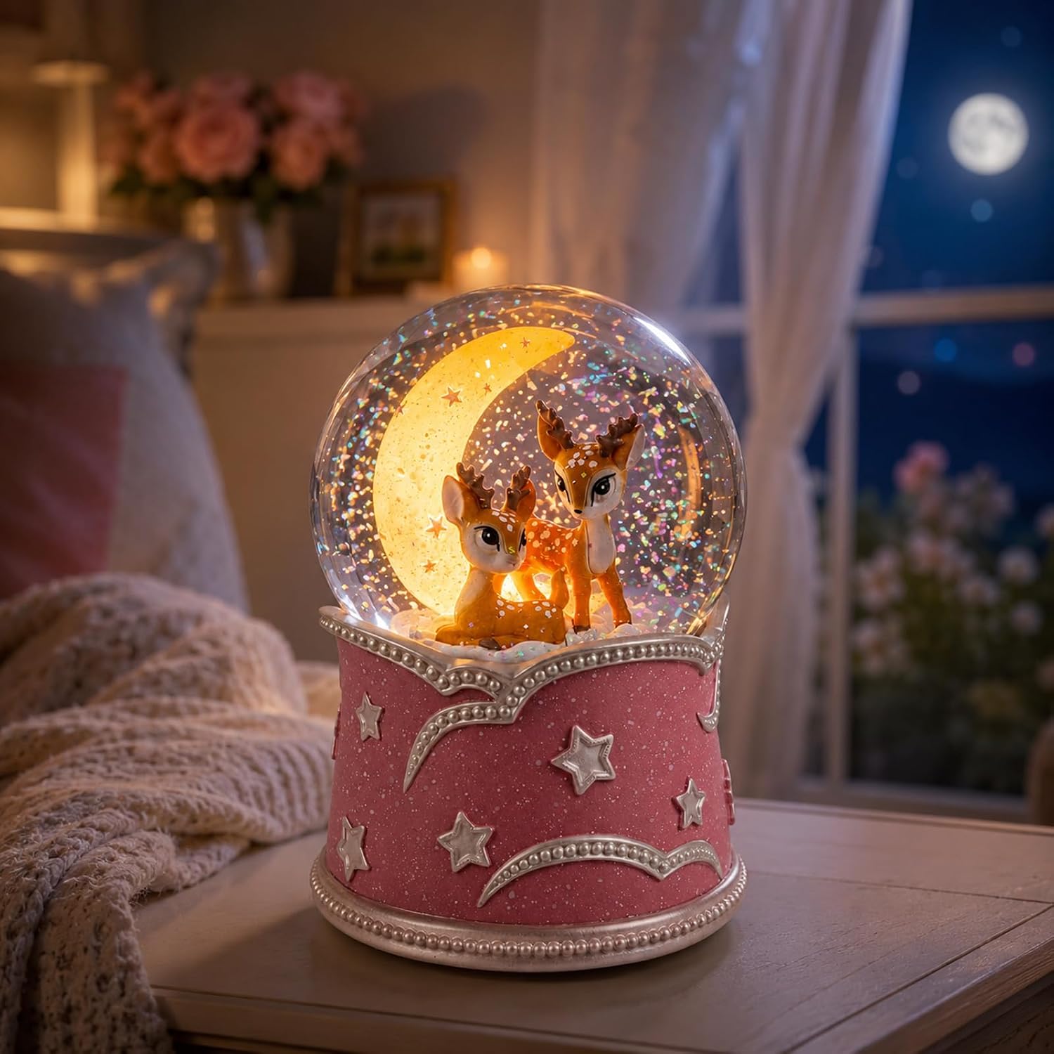 Pink Deer Snow Globe Music Box, Wind Up Musical Glitter Globe Plays Over the Rainbow, Moon and Stars Deer Gift for Daughter, Granddaughter, Girlfriend, Girls Room Decor, Birthday