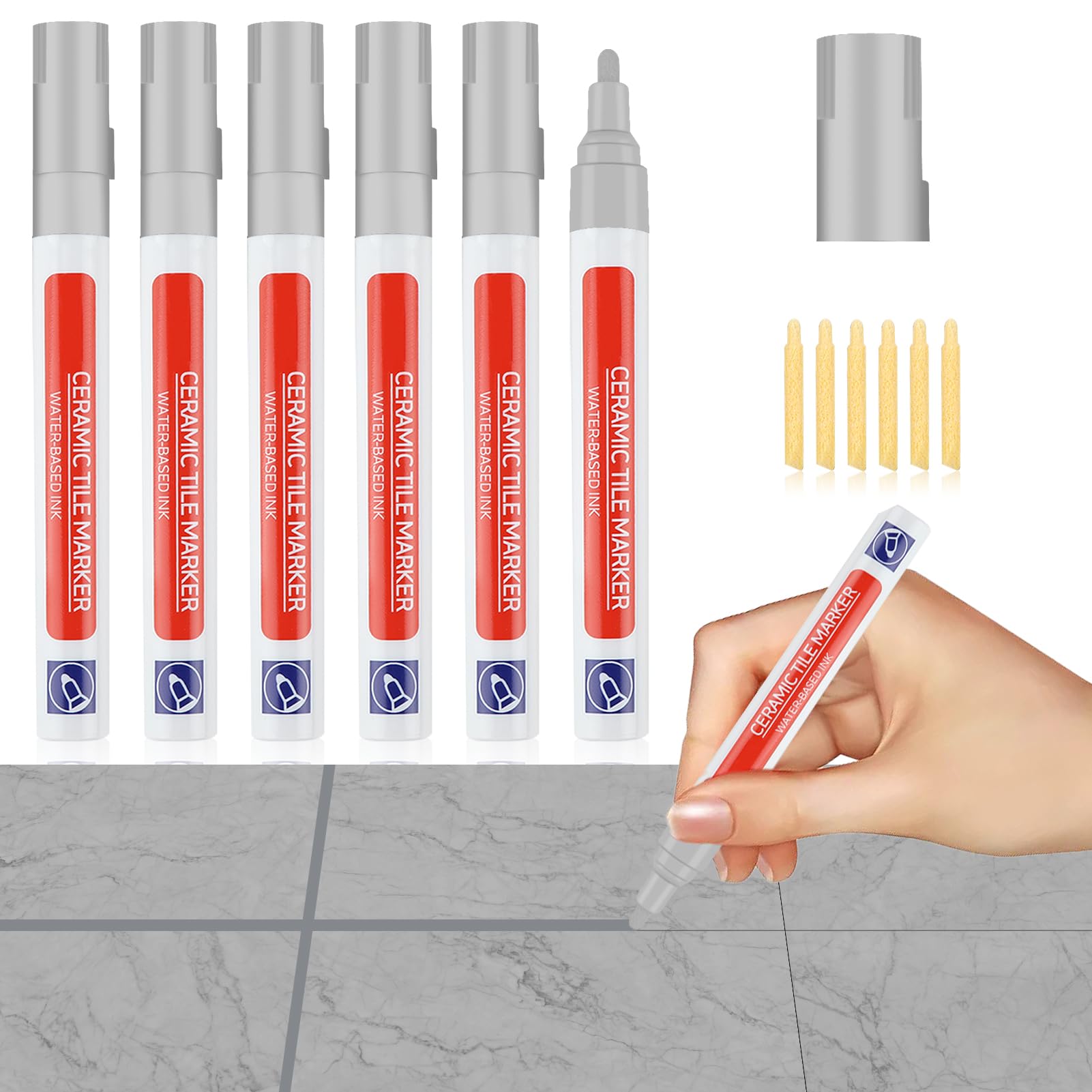 6PCS Tiles Grout Pen Light Gray Wall Repair Pens Grout Reviver and Sealer Tile Pen Marker with 6 Replacement Nibs for Tile Grouting Wall Floor Bathrooms Kitchen Floor Restoring Lines Anti-Grout Joints
