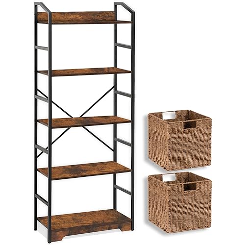 Vagusicc 5 Tier Bookshelf with 2 Storage Baskets, Tall Bookcase Shelf Storage Organizer Wood Book Shelf, Modern Shelf Rack Shelves with Steel Frame, Multipurpose Bookshelf for Bedroom Living Room