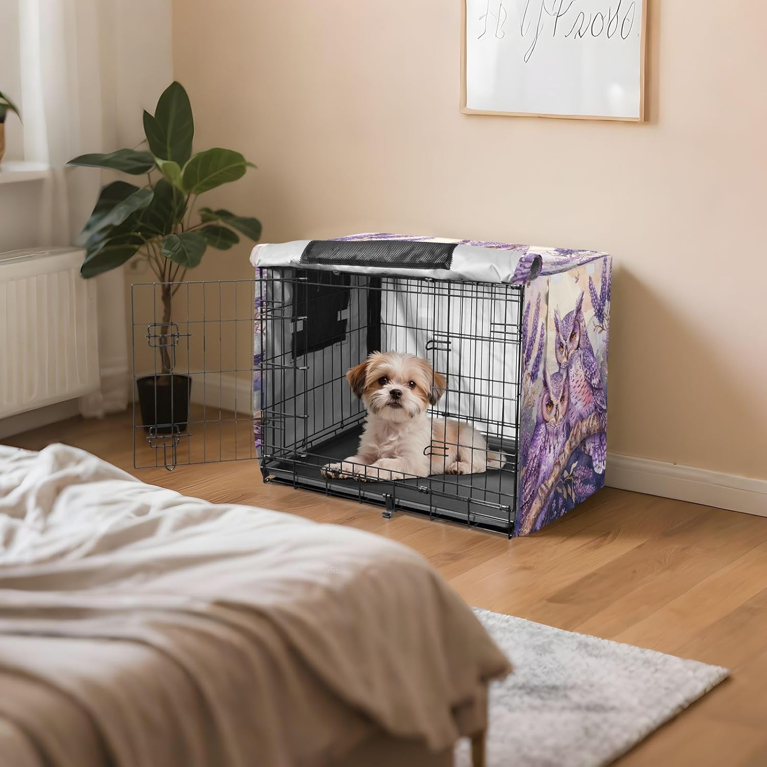 Lavender Owls Dog Crate Covers S-XL Windproof Pet Kennel Cover with Mesh Windows, Reduces Barking, X-Large