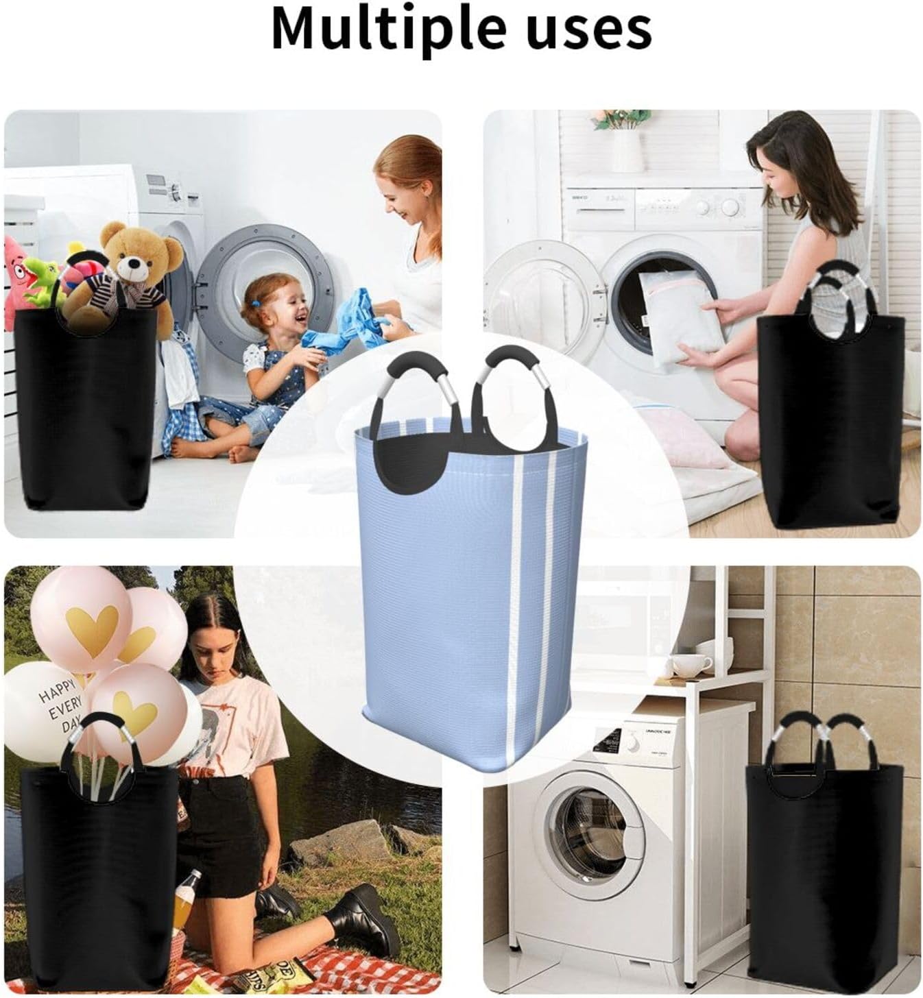 Large Laundry Basket, Blue Girls Laundry Hamper Bag Collapsible Washing Bin With Handles for College Dorm, Family Essentials Storage