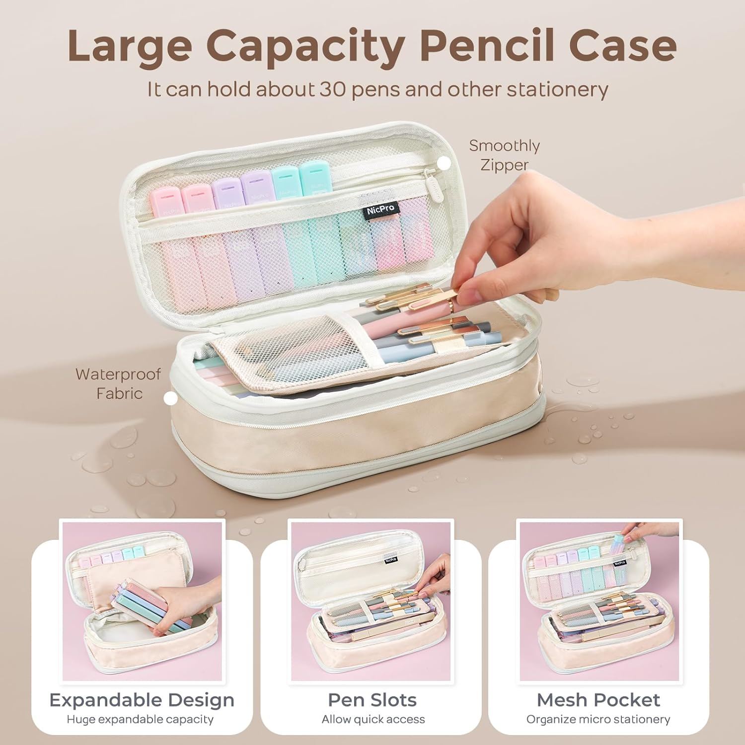 Nicpro 39 PCS Aesthetic School Supplies with Pencil Case, Cute Stationary Set with 5 Gel Pens & 6 Mechanical Pencils & 12 Highlighters, Essentials for College Students Nurse & Teen Girls/Boys (Cream)