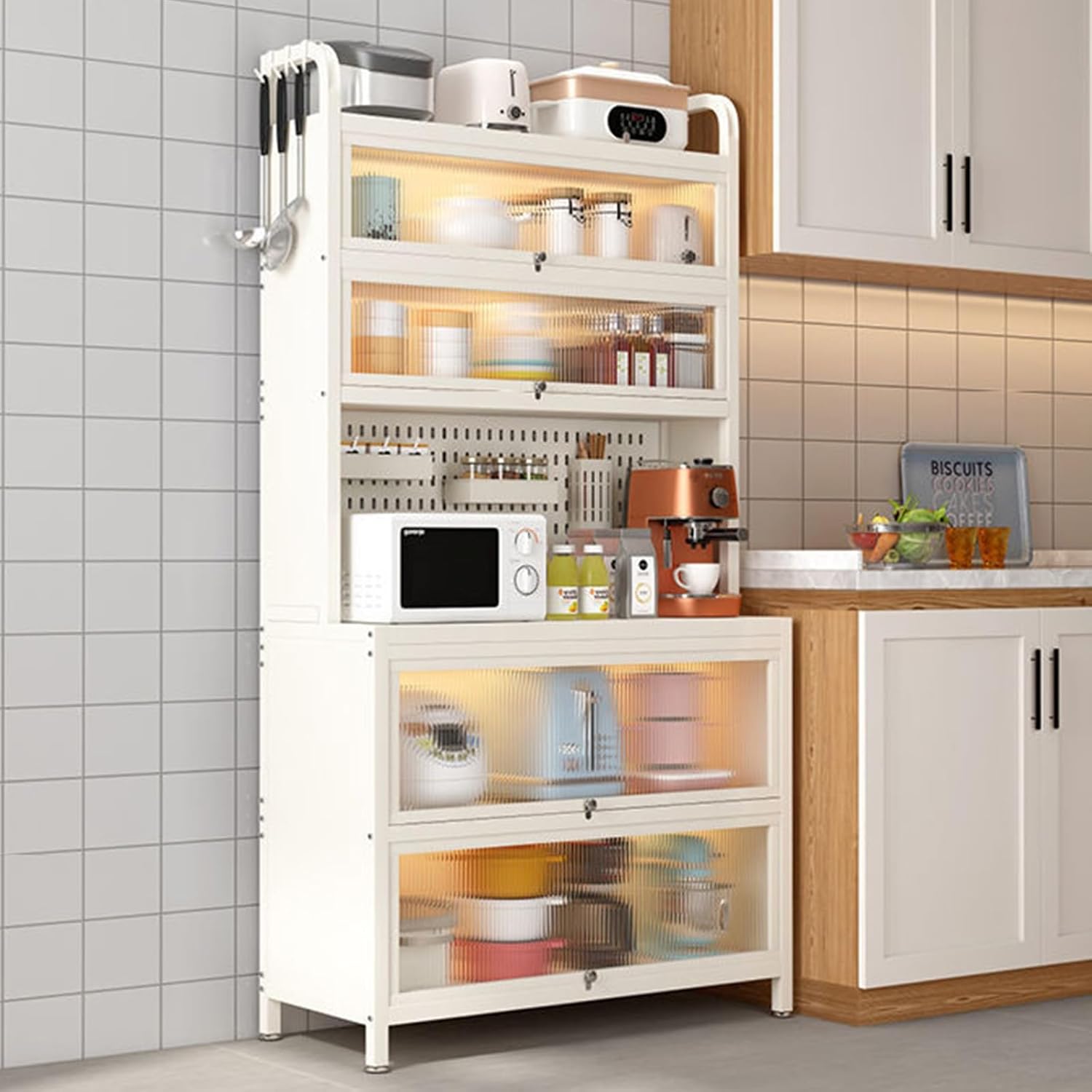 6-Tier Microwave Stand & Bakers Rack with Storage Cabinet, Kitchen Organizer with Flip Door, Versatile Microwave Oven Rack for Dining Room & Living Room Use