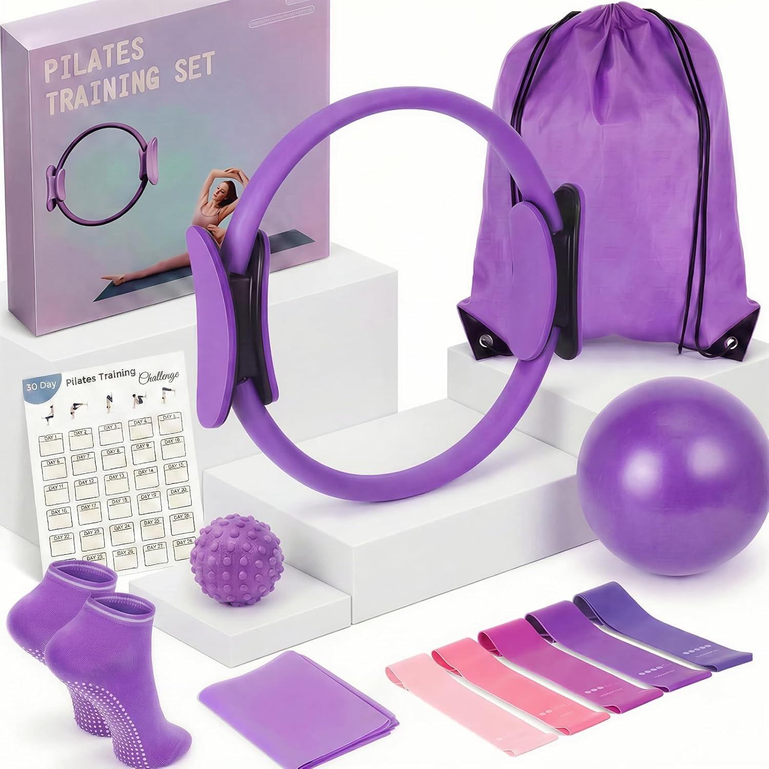 for Pilates Equipment Kit: Pilates Kit for Home Workouts with Magic Circle, Mini Ball, Resistance Bands, Yoga Strap, Socks, Guide & Bag, Pilates Set for Women, Beginners