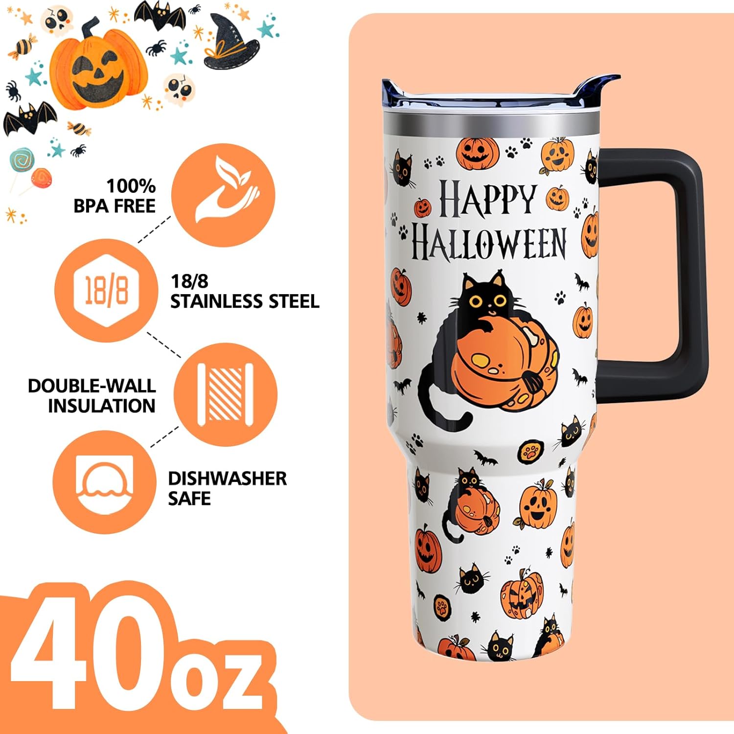 Happy Halloween Cup Gifts for Women Men, Black Cat 40oz Tumbler with Handle and Straw, Holiday Pumpkin Stainless Steel Insulated Water Bottle (1 PC) - Image 5