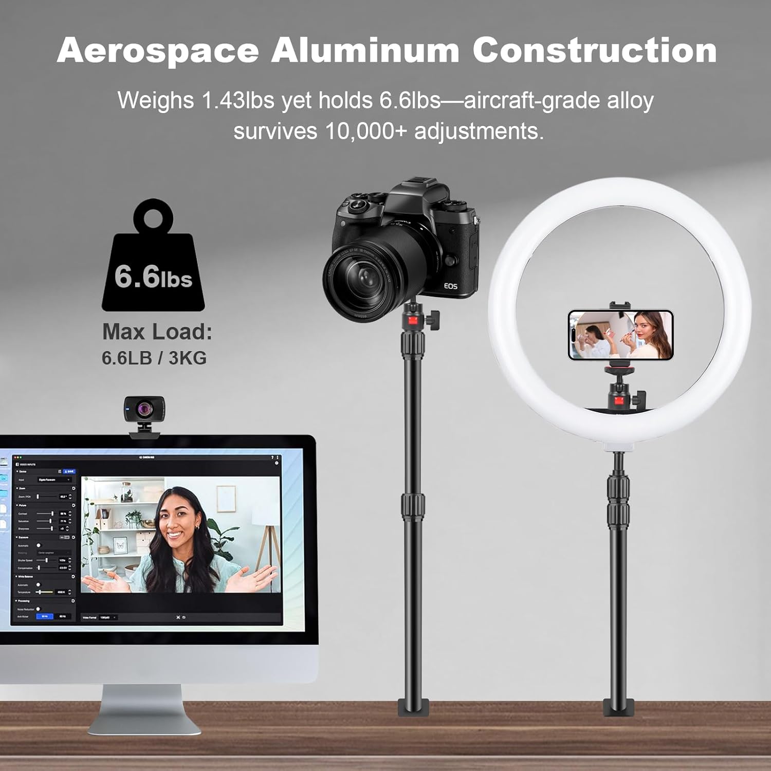 Camera Desk Mount Table Stand with 360° Ball Head, Table Light Stand with 1/4" Screw & C Clamp, Webcam Stand Mount for DSLR Camera Video Light Ring Light Live Streaming Vlog (811002)