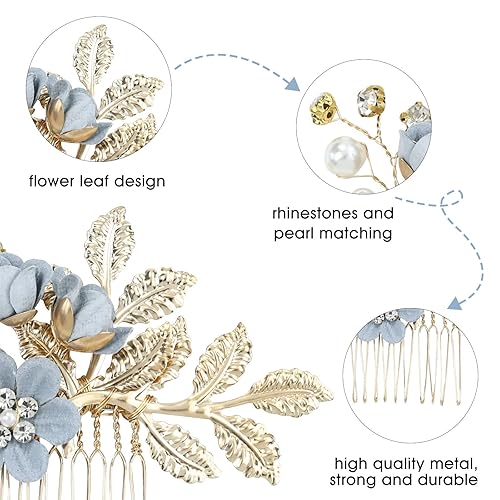Miniatura 5 de inSowni 20 Pack Classy Dusty Blue Flower Bridal Wedding Hair Side Combs+Floral Hair Pins+Twist Spiral Pearl Hair Pins Clips Pieces Formal Prom 20