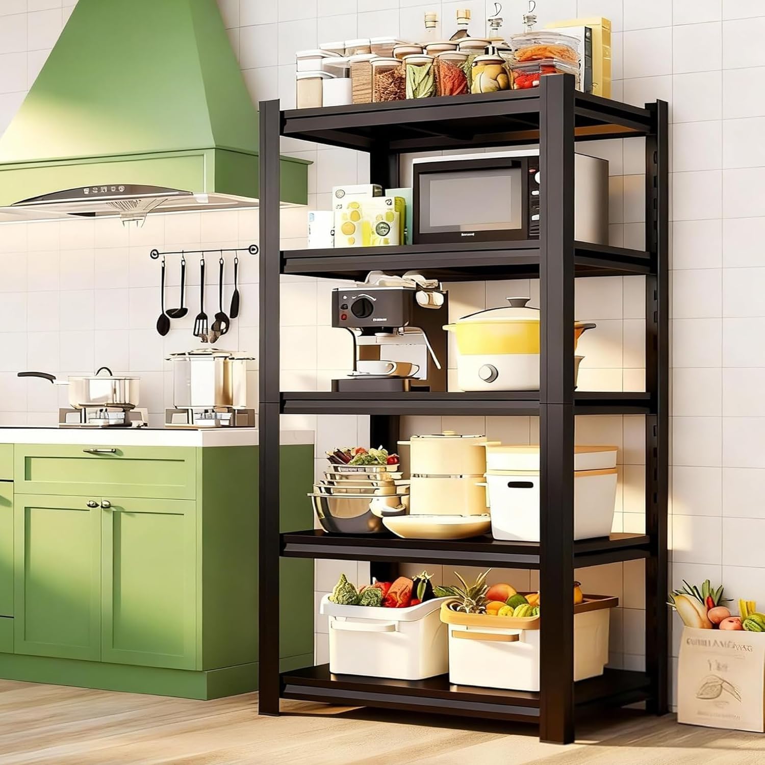 5-Tier Kitchen Shelf Organizer, Solid Metal Adjustable Storage Rack for Pots, Pans, Bottles & Pantry Goods, Space-Saving, Black (71" H x 39" W x 15.7" D)