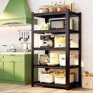 5-Tier Kitchen Shelf Organizer, Solid Metal Adjustable Storage Rack for Pots, Pans, Bottles & Pantry Goods, Space-Saving, Black 71" H x 39" W x 17.7" D