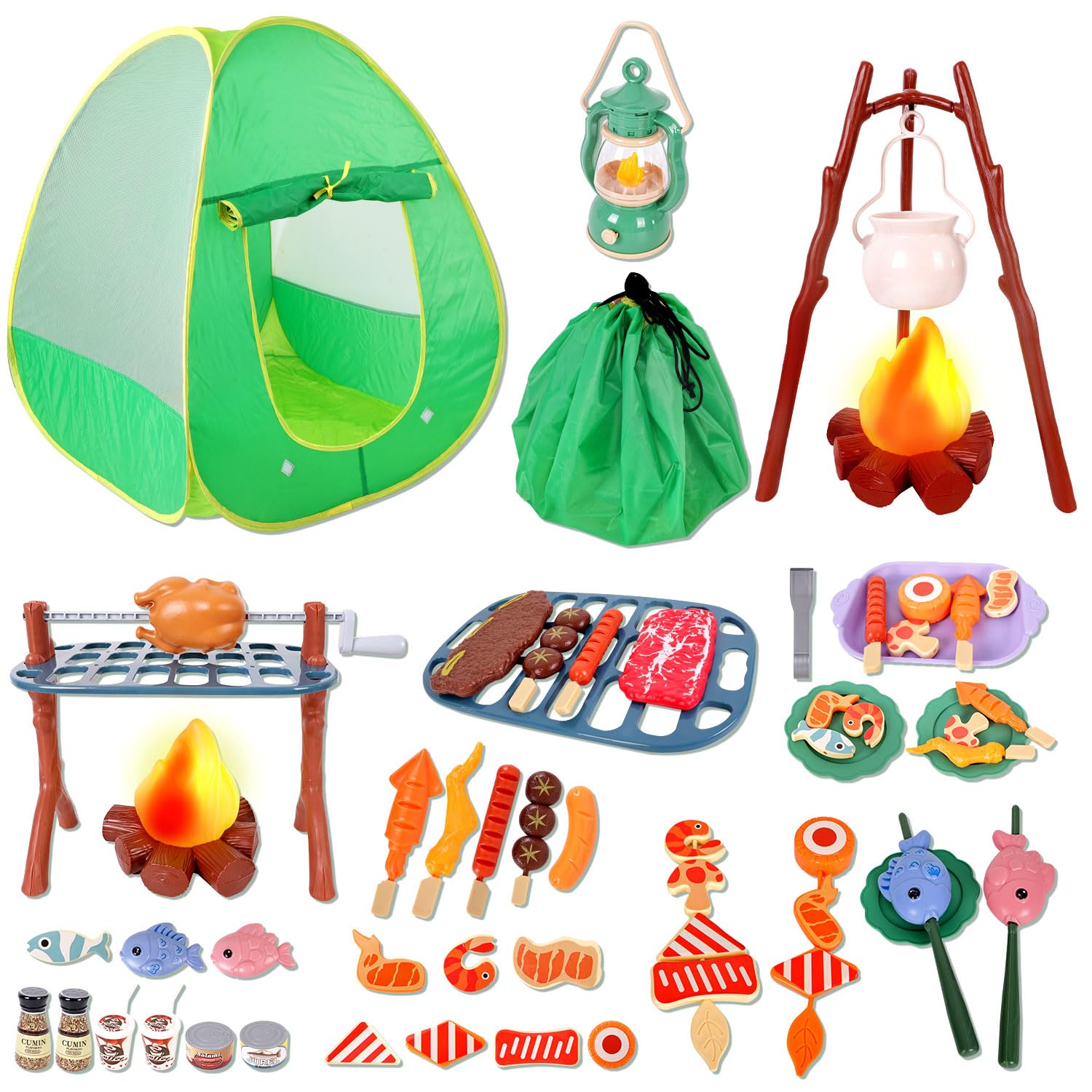 Juego de campamento para niños con tienda de campaña de juegos, fogata, linterna, juego de campamento para interiores y exteriores con tienda de campaña desplegable, juego de juguetes de