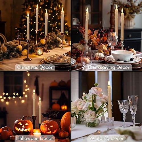 Miniatura 10 de 6 velas cónicas sin llama con temporizador remoto, velas cónicas de color marfil de 7.9 pulgadas con llama parpadeante 3D, velas LED con forma de