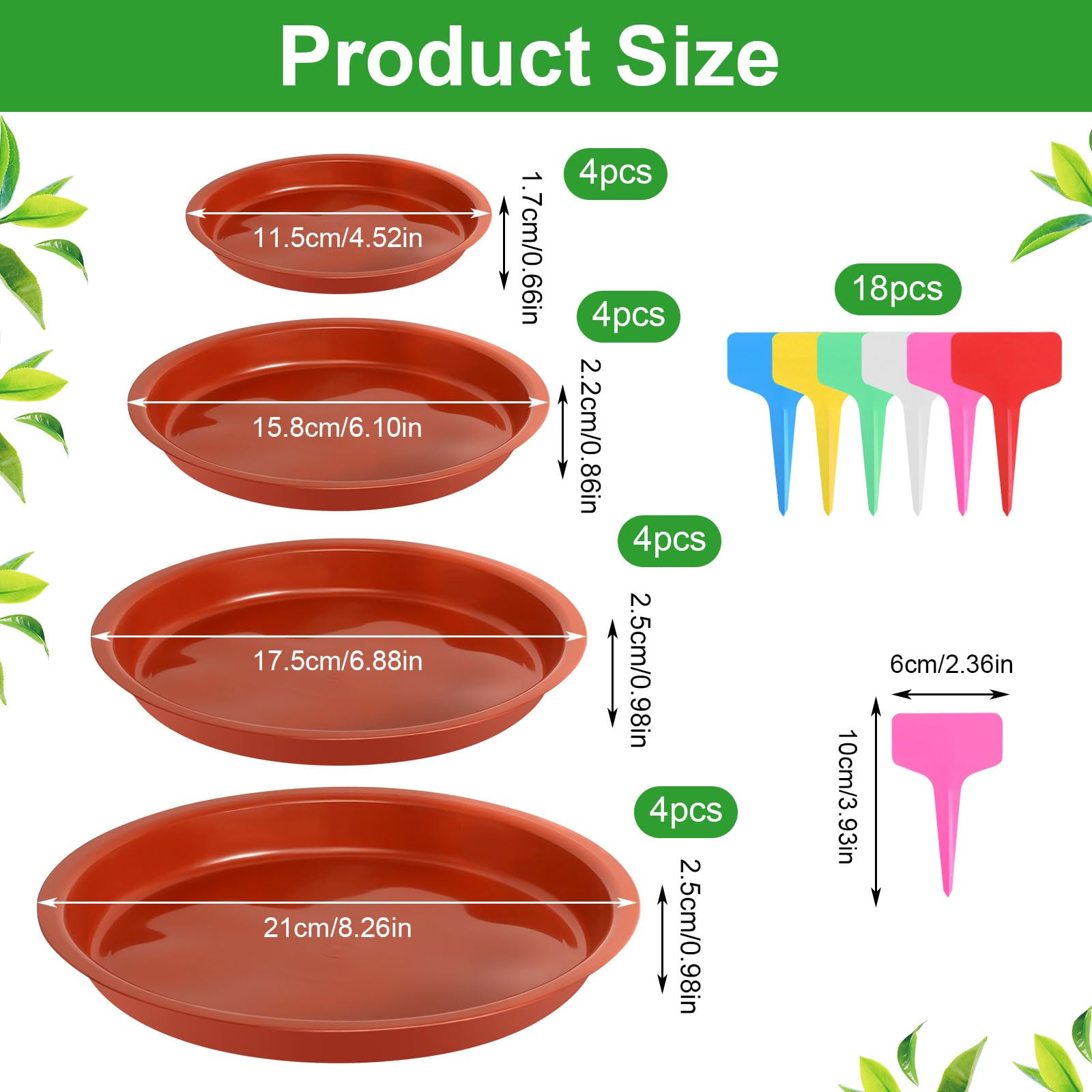 16 Sottovasi Rotondi In Plastica Con 18 Etichette Per Piante – Sottobicchieri Per Vasi Da Fiori, Impermeabili, Ideali Per Interni/Esterni (Bianco)
