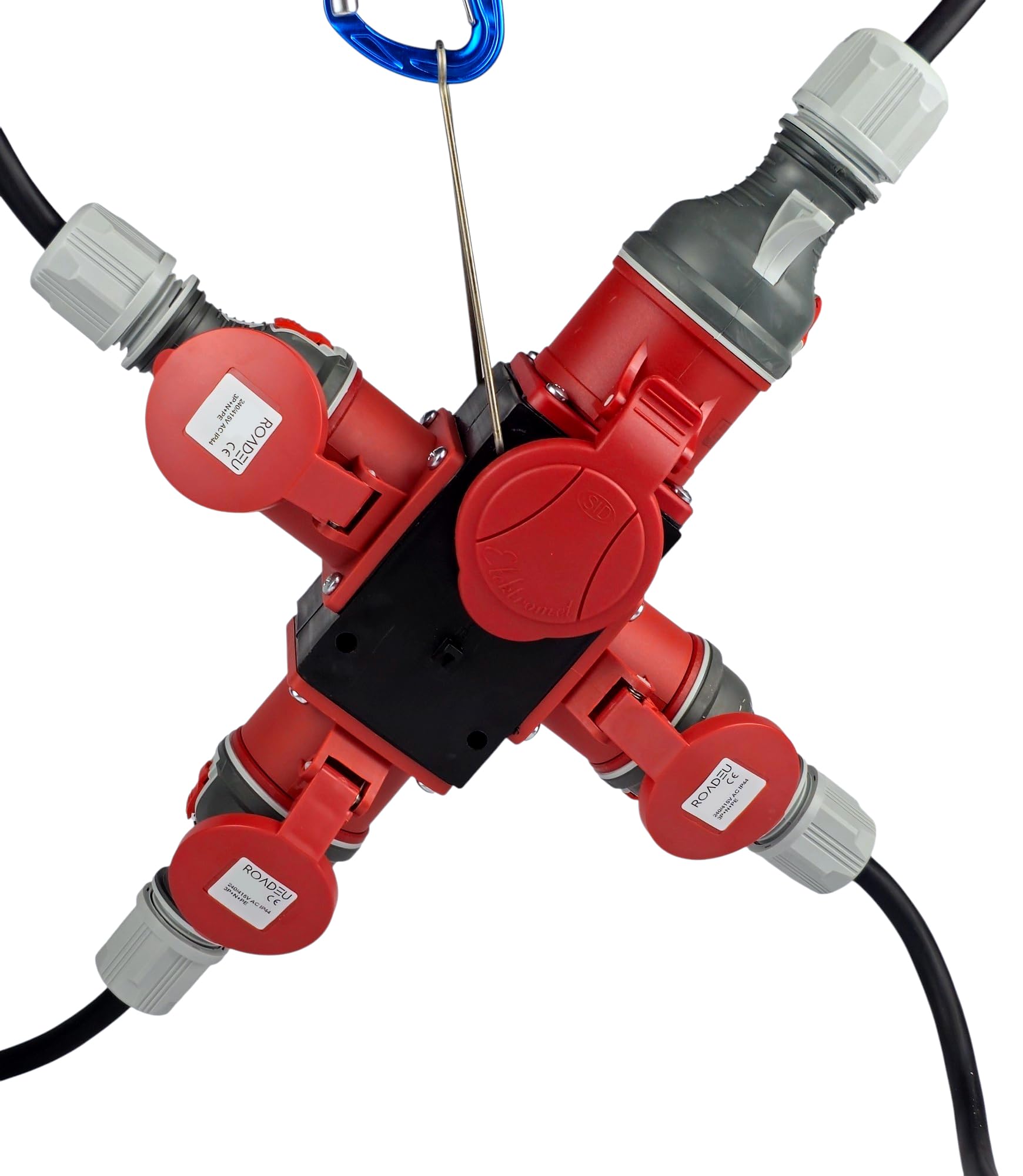 RoadEu Distribuidor de corriente CEE 32 A 5 pines macho 3 enchufes 32 A 5 p 400 V IP44 móvil robusto