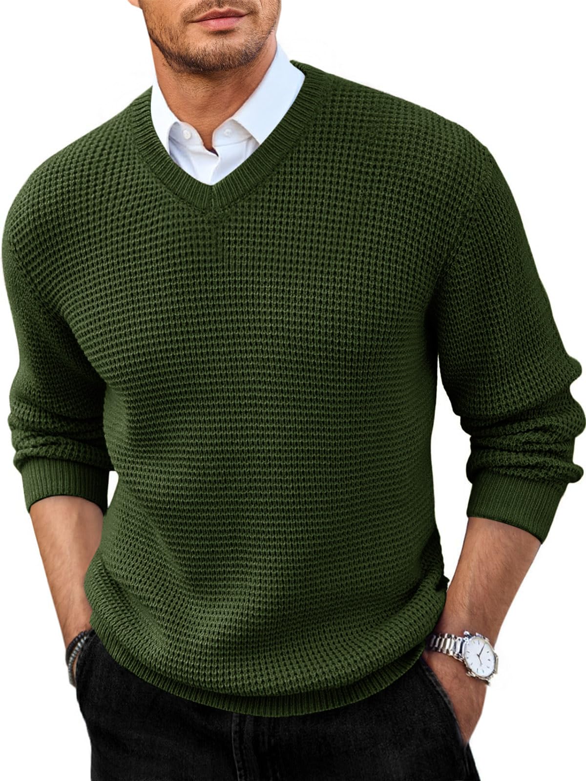 runcati Mens V Neck Sweater Casual Waffle Knitted Pullover Slim Fit Fall Winter Basic Warm Sweaters-picture-45