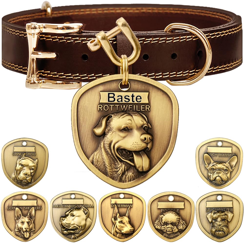ZQDJ Genuine Leather Dog Collar+3D Embossed Rottweiler Dog Tag Set（L-XL）