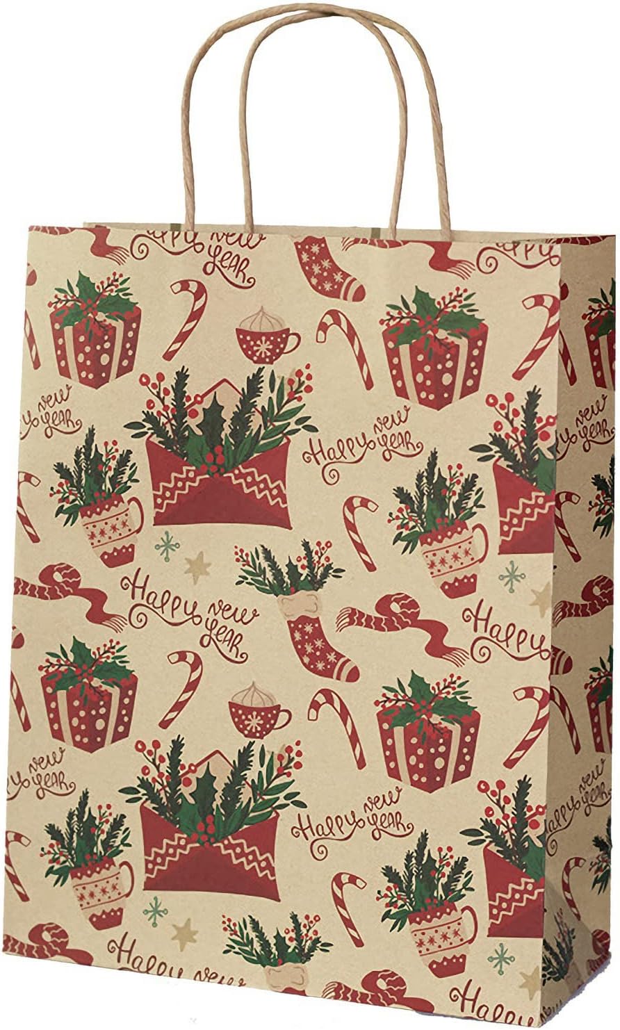 10PCS Christmas Kraft Gift Bags Santa Paper Party Bags with Handle Large Red Paper Carrier Bag Recycled Present Treat Bag Tote Bag Present Wrapping Bags for Christmas Party Birthday Shopping