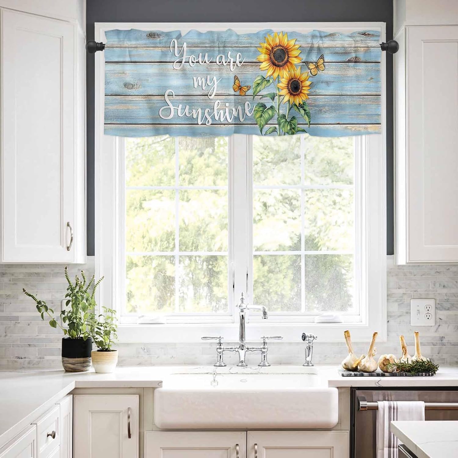 Savannan Kitchen Curtains Tiers and Valances Set, Sunflower Butterfly Summer Rod Pocket Short Window Curtains for Bedroom Bathroom Cafe, 3 Pieces, 54" W x 24" L Blue Wooden Grain