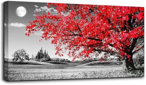 Lienzo decorativo para pared de sala de estar, paisaje de árboles, luna azul y vida simple. Lienzo decorativo para pared de oficina con diseño