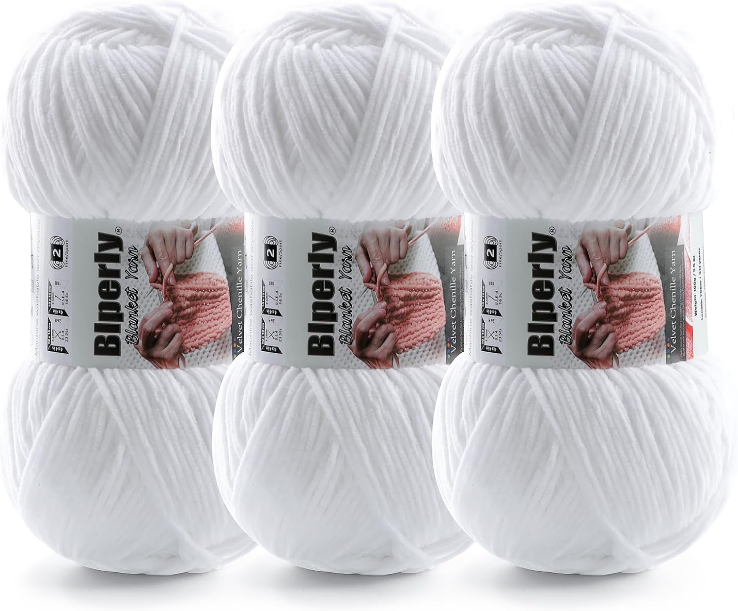 Skinny Chenille Yarn for Crocheting and Knitting - 3 Pack of 100g/317yds Ultra Soft Fluffy Plush Velvet Yarn - #2 Crochet Yarn for Amigurumi, Blankets, Plush Dolls, Baby Clothes (3, White)