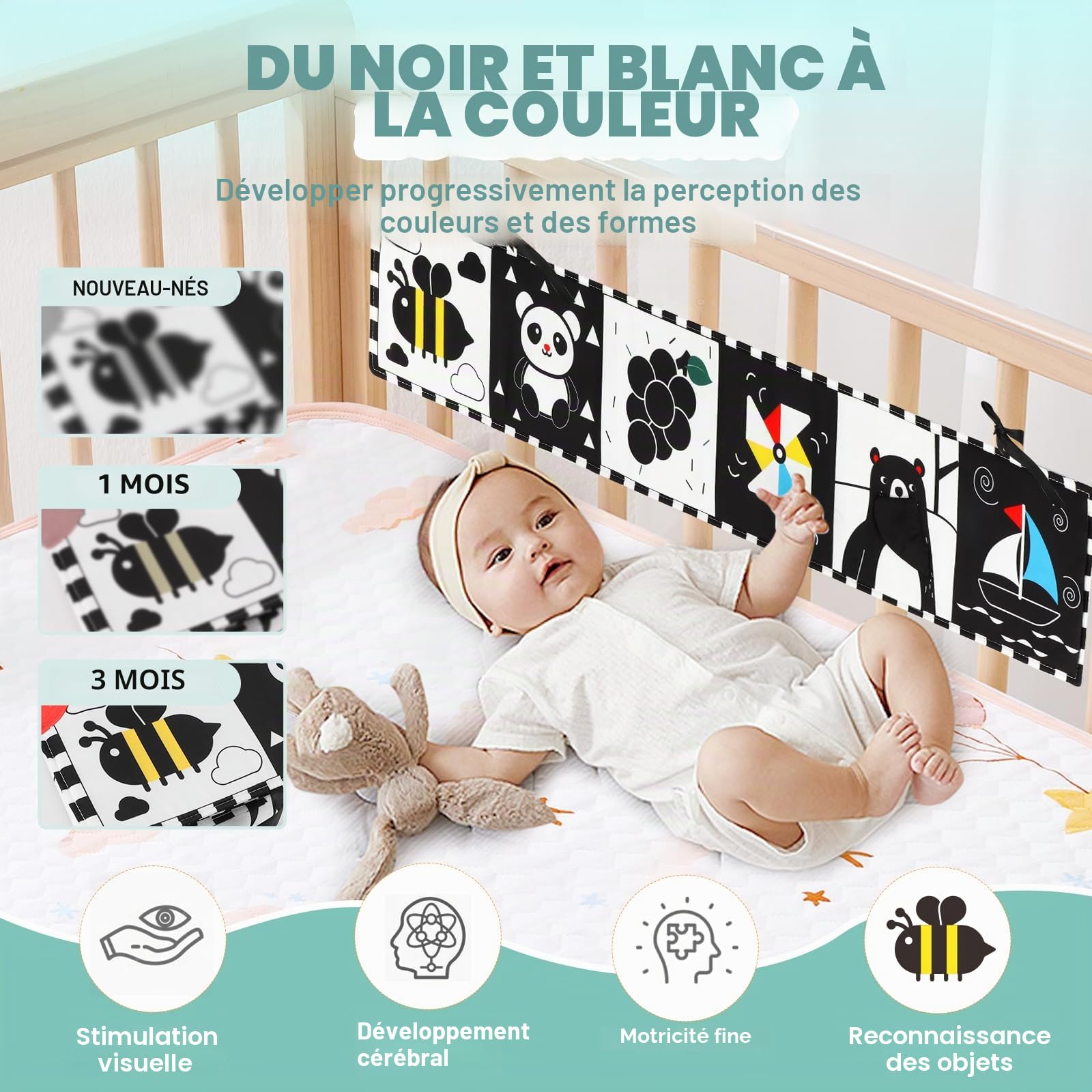 BBWOO Livre bébé 0-12 Mois, Livre Noir et Blanc bébé sensoriel Montessori, Jeux et Jouet d'éveil pour Tummy Time, Pliable et Lavable, avec Anneau Dentition et Miroir, Un Cadeau Parfait
