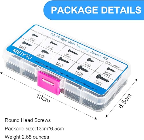 Vista 5 de Juego de 1100 tornillos de cabeza redonda para computadora laptop, mini tornillos Phillips avellanados M1.2,M1.4,M1.5,M2 para reparación de Negro