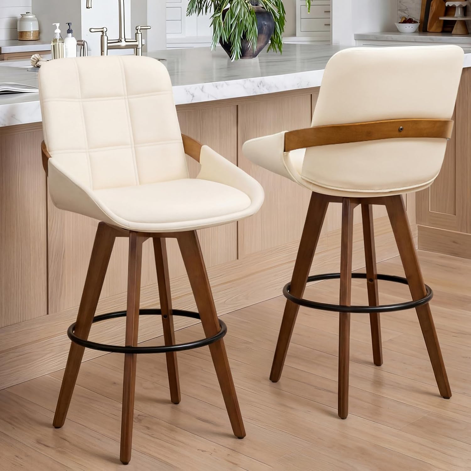 Mid Century Modern Swivel Counter Stools Set of 2, 26” Counter Height, Upholstered Faux Leather Seat with Curved Bentwood Back & Arms, Solid Bamboo Legs in Walnut Finish, Kitchen Island Stools, Beige