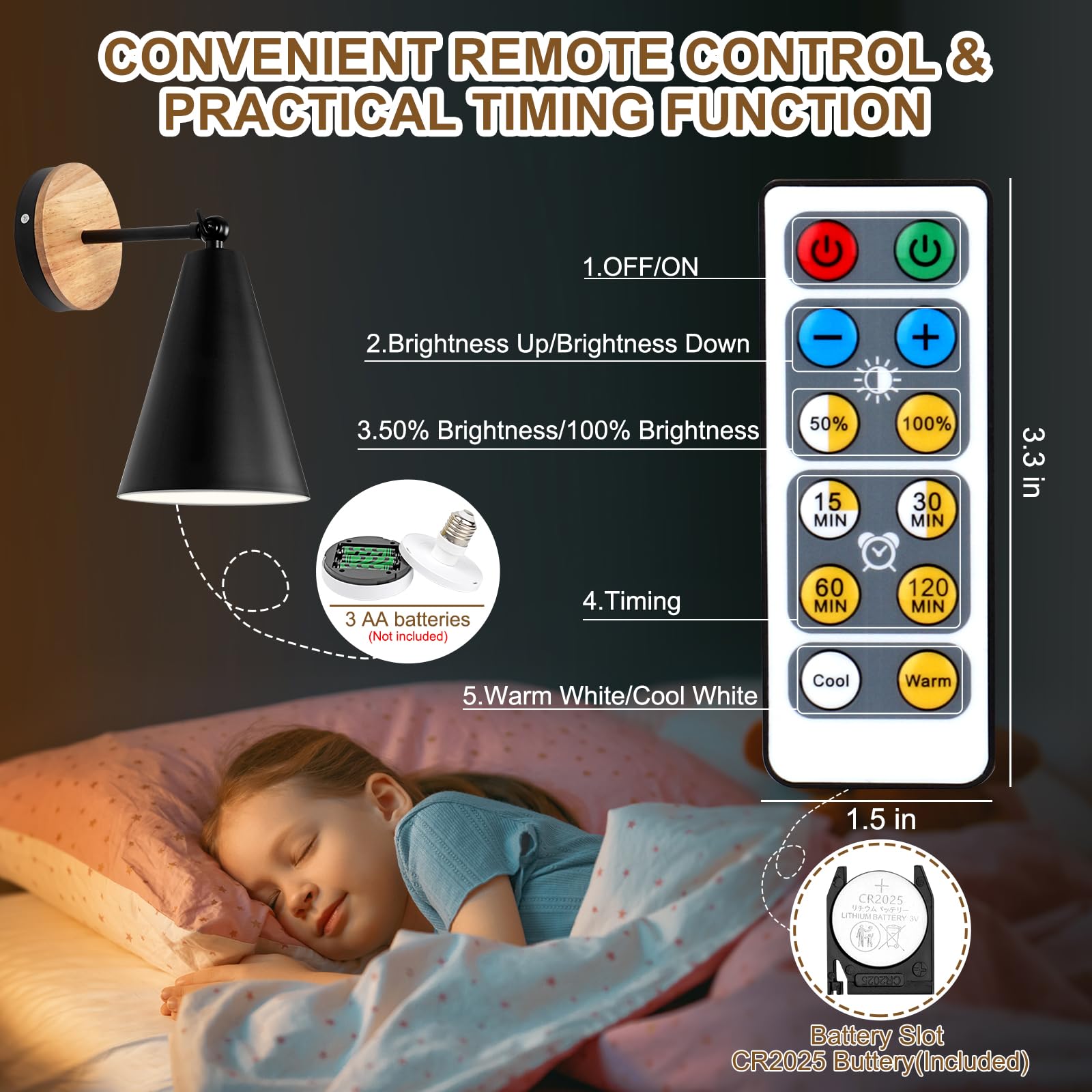 MILDWARM Battery Operated Wall Lights with Remote Control, Adjustable Wall Sconces Set of Two, Not Wires Dimmable Sconce Matte Black Wall Lighting Fixture for Gallery Bedroom Living Room Corridor