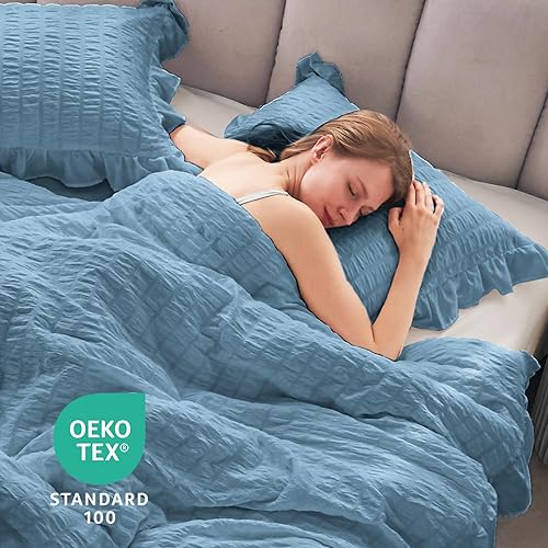 Miniatura 32 de JOLLYVOGUE - Juego de edredón tamaño queen, de 3 piezas, estilo seersucker, ligero y esponjoso para todas las estaciones, con 1 edredón con volantes