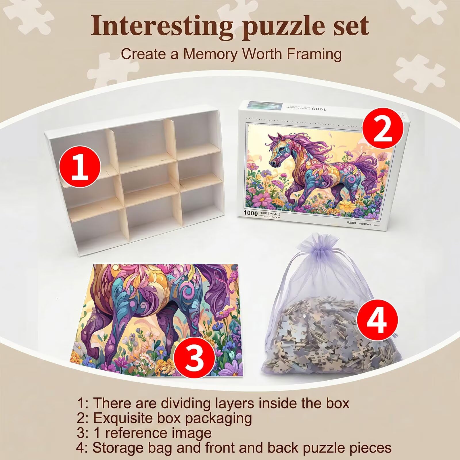 Caballo Flor-3 Puzzle de 1500 Piezas, Juego de Mesa Familiar de Madera - Rompecabezas Adultos para Toda La Familia, Rompecabezas Educativo DIY y Antiestrés - con Mapa de Referencia, 87 x 57 cm f0-660